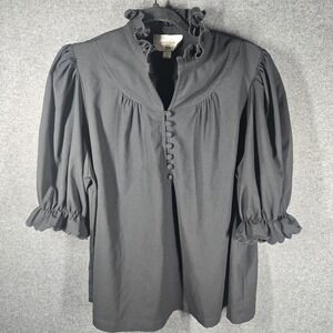 Pomander Place Selena Blouse XXL Black Ruffle Neck Button Front Puff Sleeve Boho